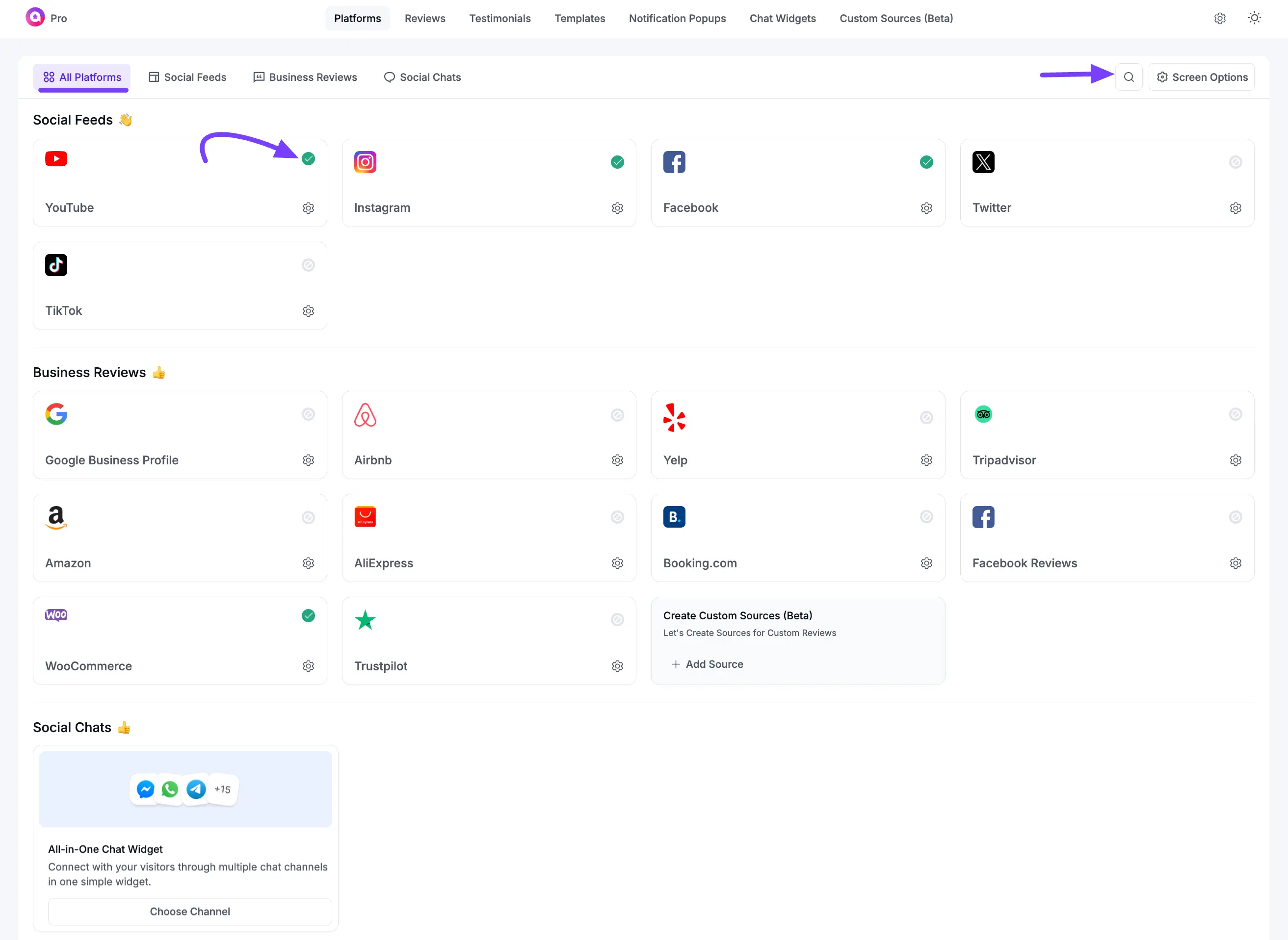 The Platforms overview screen in WP Social Ninja