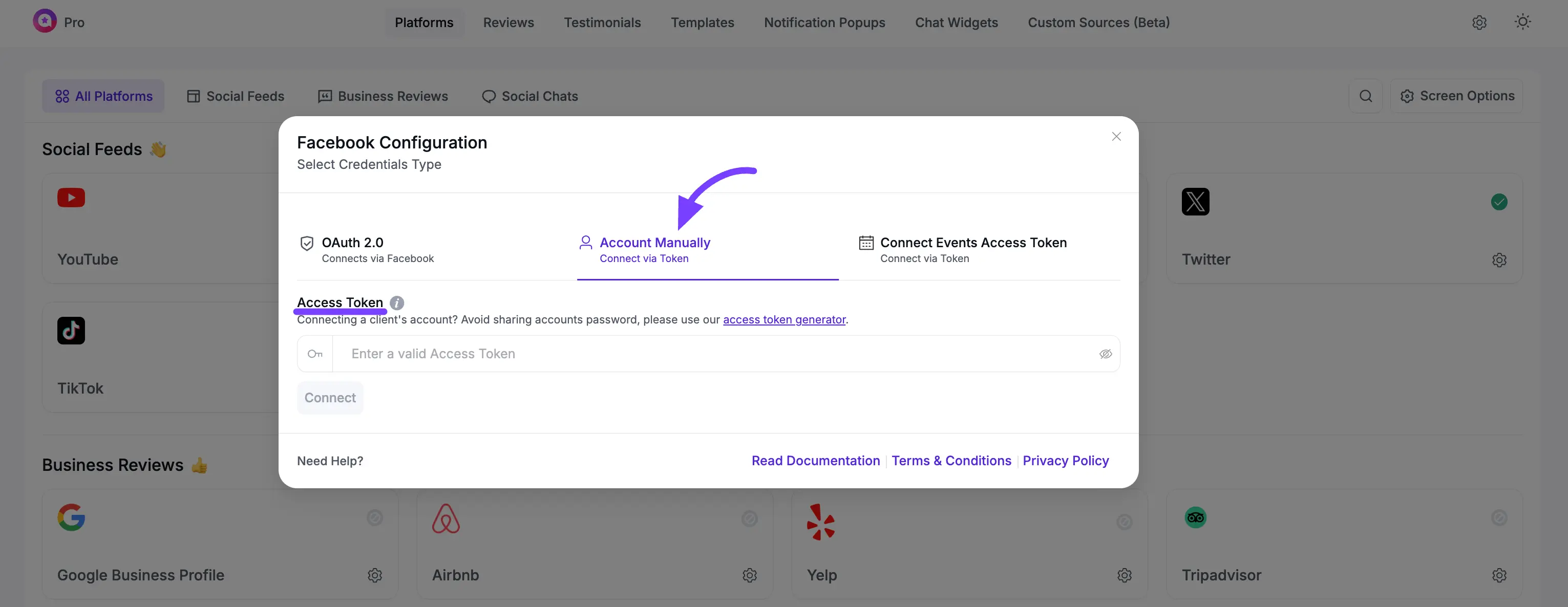 Connecting a Facebook page using access token- Choose the Credential type