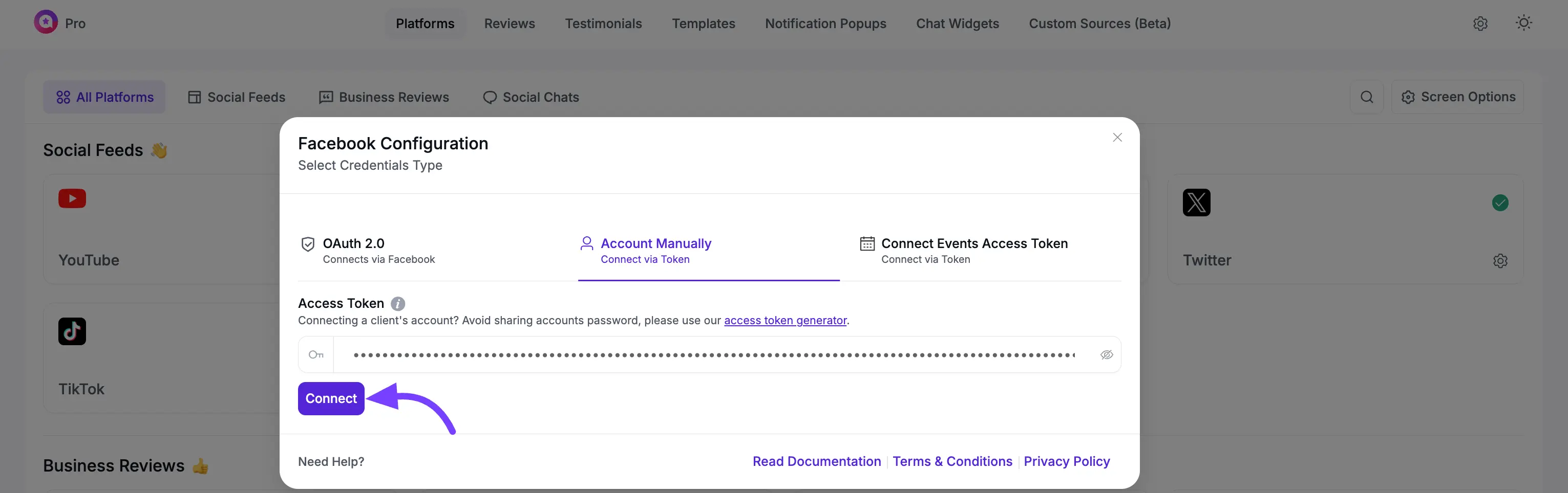 Enter the Facebook Access token code & Connect