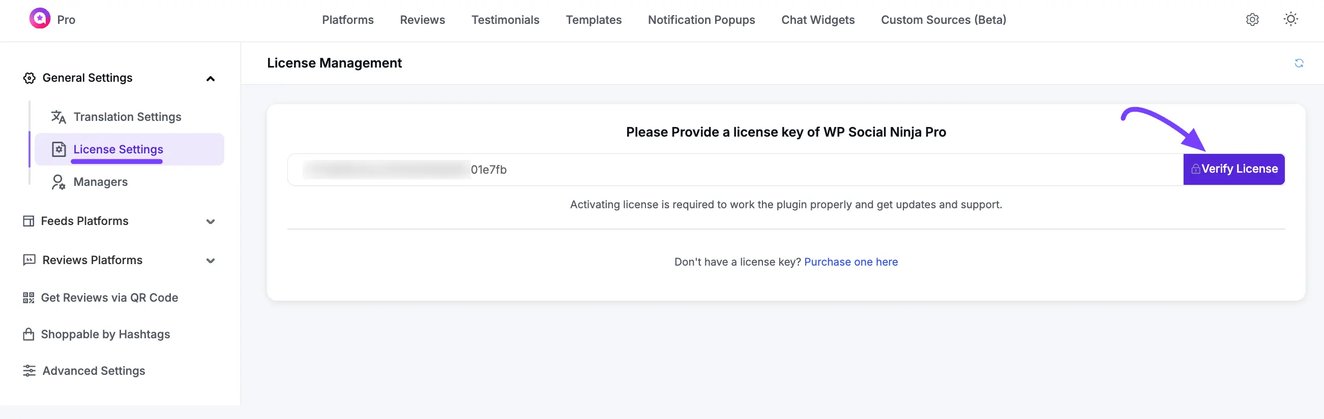 Activating the license key in the WP Social Ninja settings