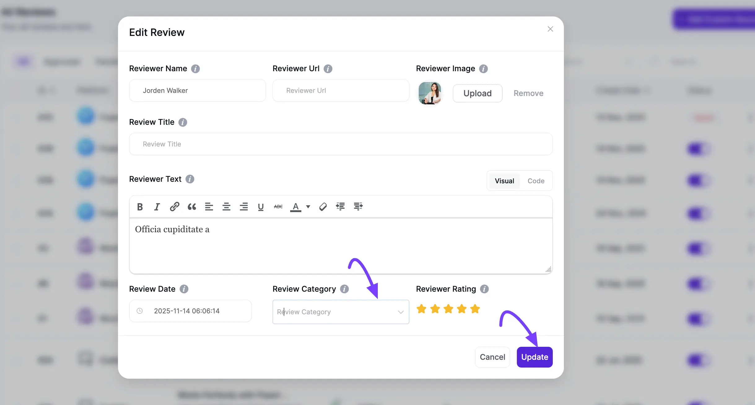 Review Category field in the Edit Review window