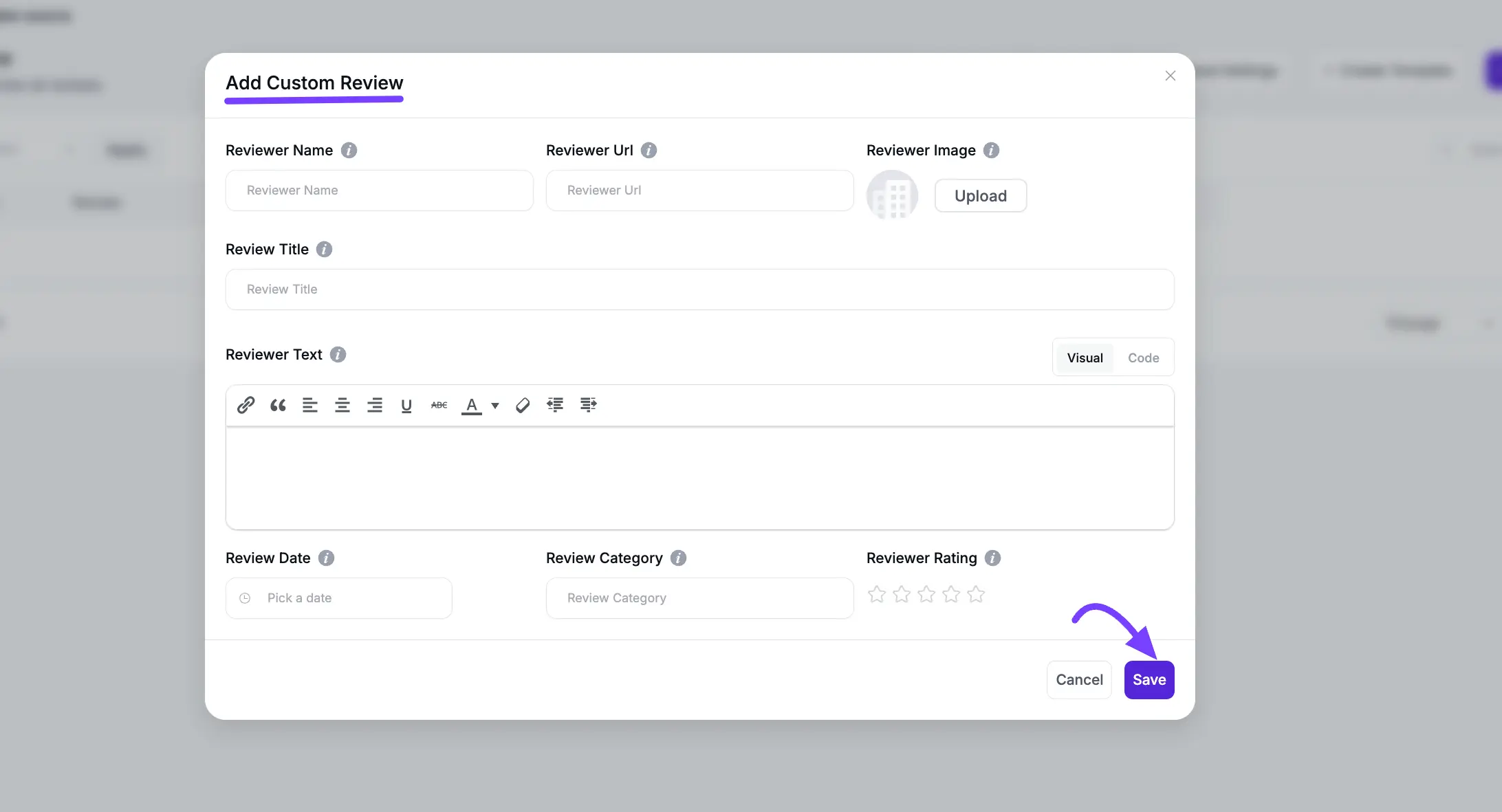 The 'Add Custom Review' pop-up form