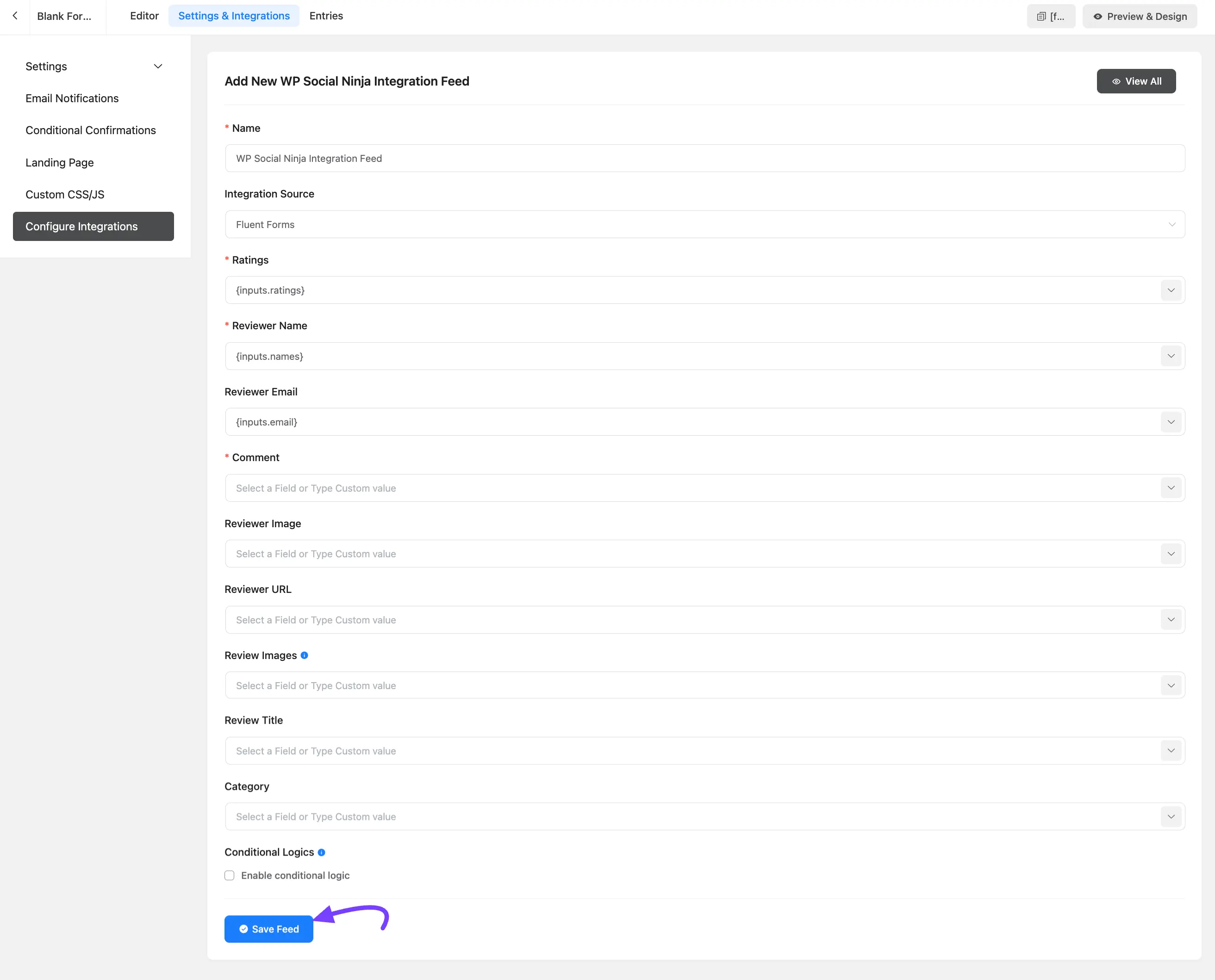 update wp social ninja integration feed fluent forms