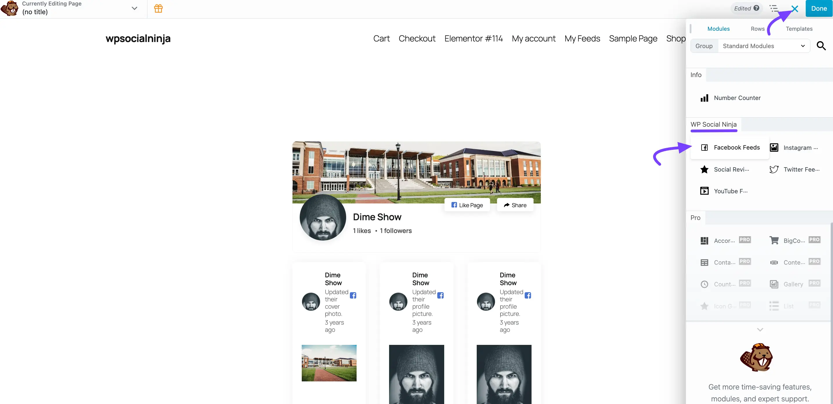 Finding the Social Ninja modules in the Beaver Builder panel