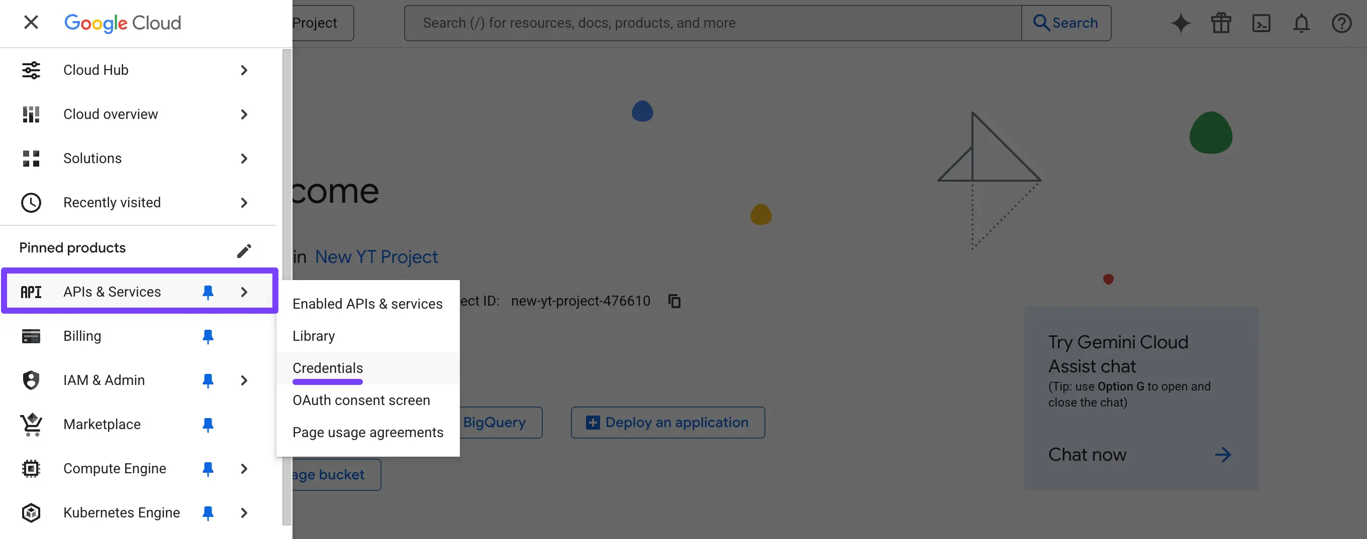 Navigating to Credentials in Google Cloud Console