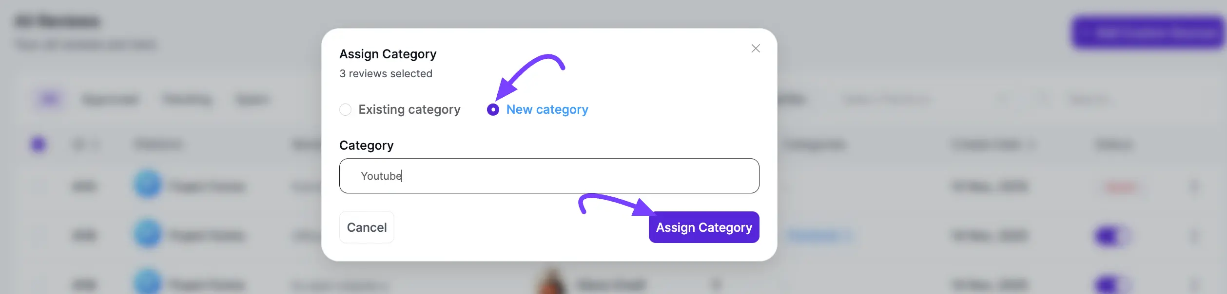 Assign Category window with New category selected