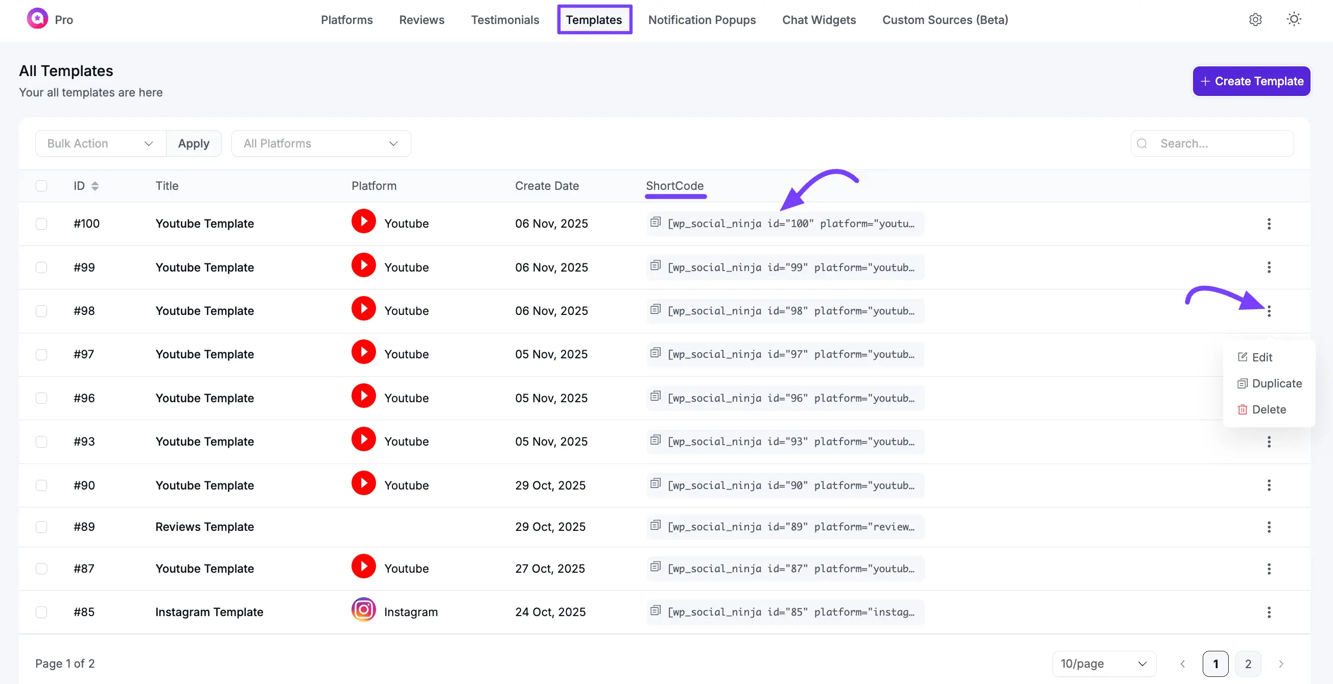 Finding and copying a shortcode from the Templates page