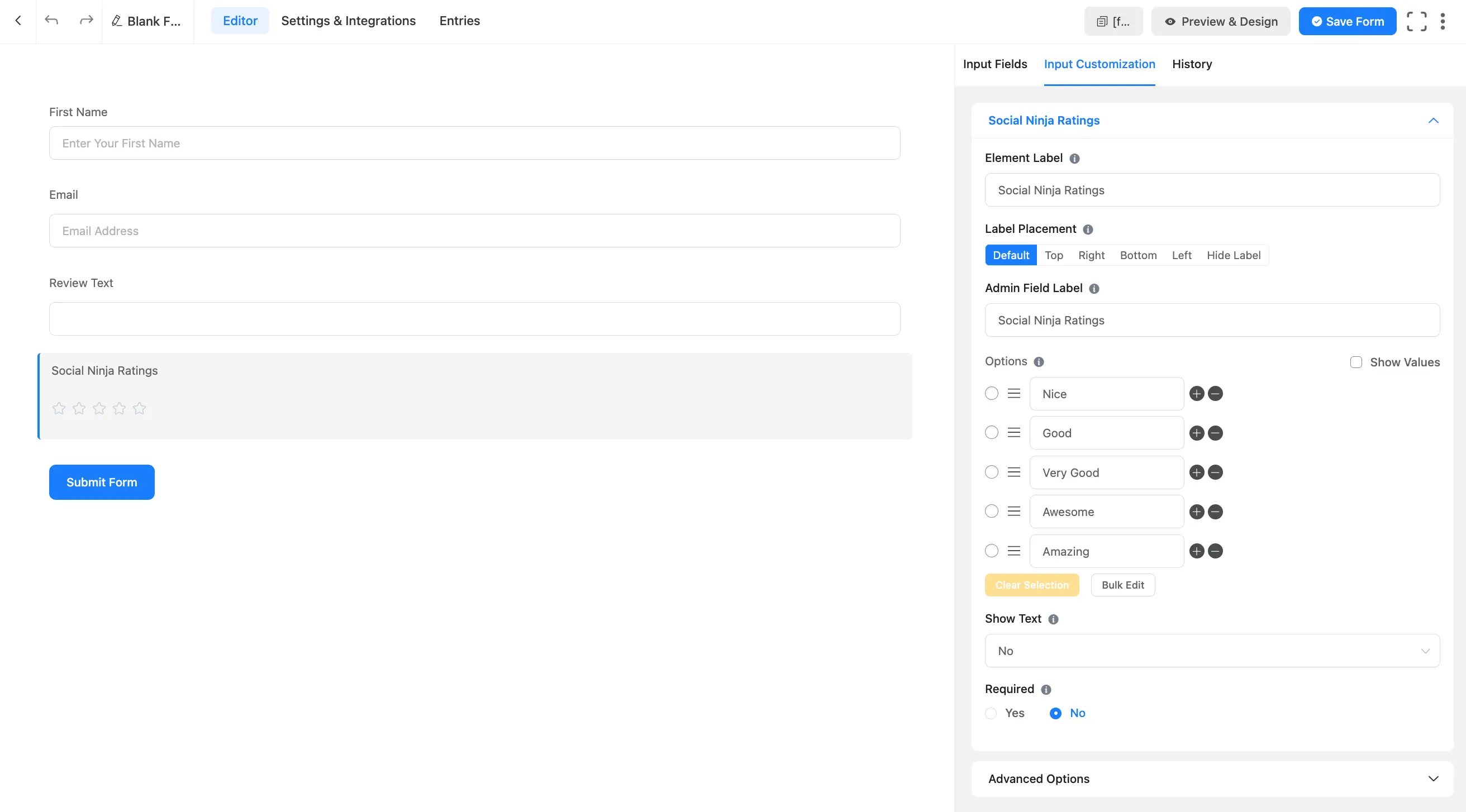 The Social Ninja Rating field in the Fluent Forms editor