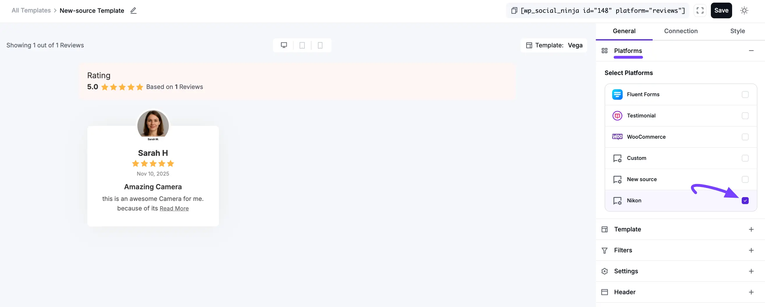 Selecting the new Custom Source in the template editor's platform list