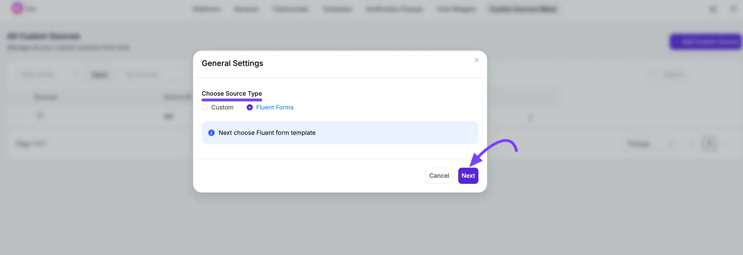 Selecting the 'Fluent Forms' source type