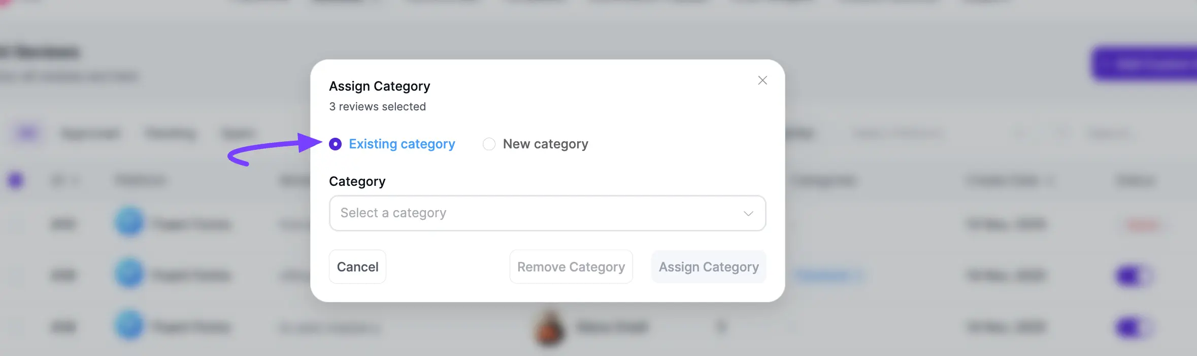Assign Category window with Existing category selected