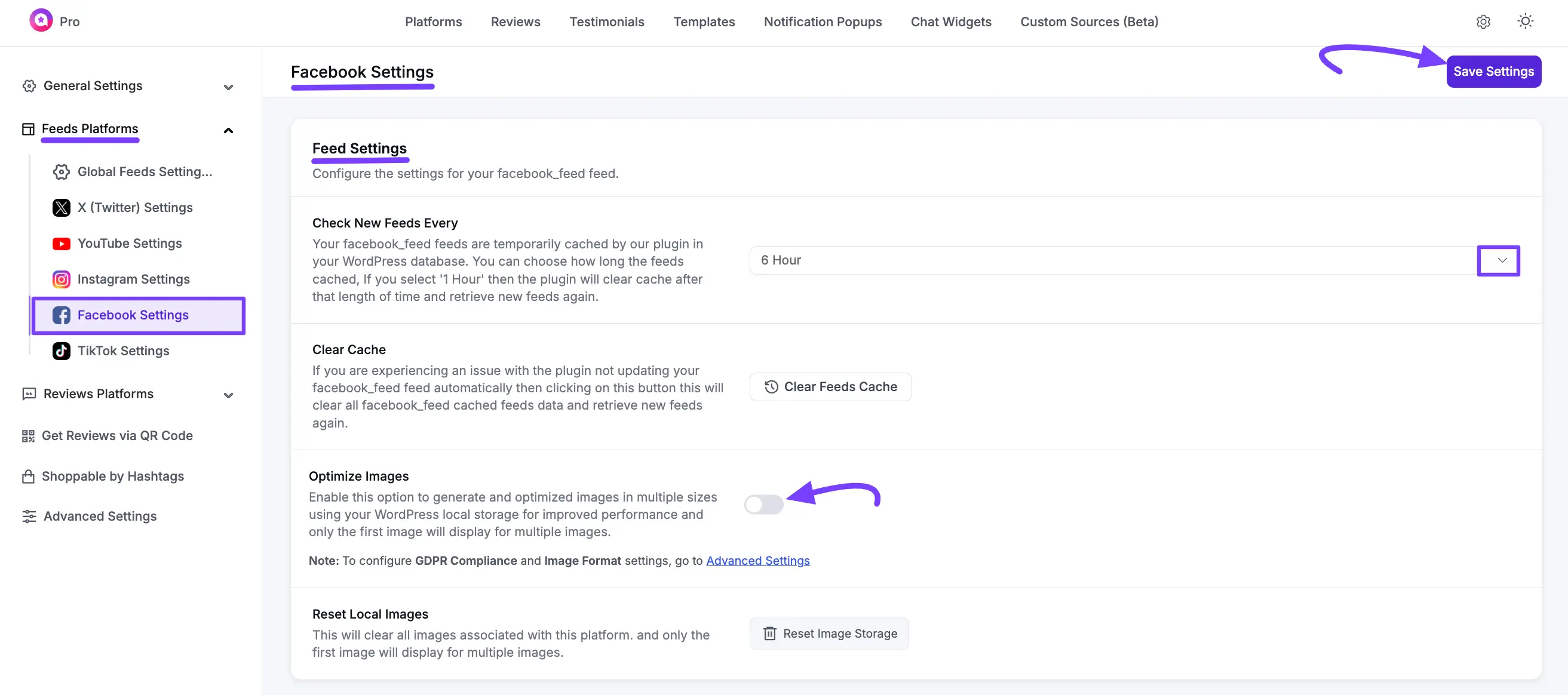 Enabling Facebook Feed Settings