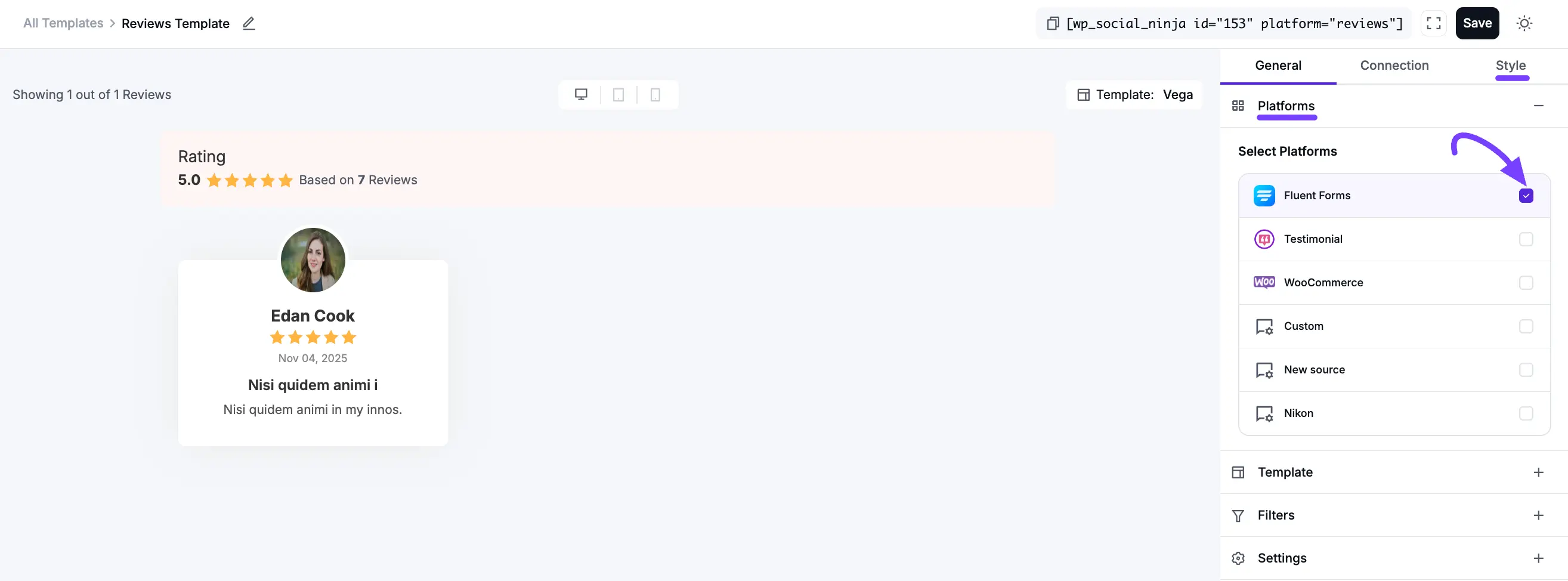 Selecting the new Fluent Forms source in the template editor