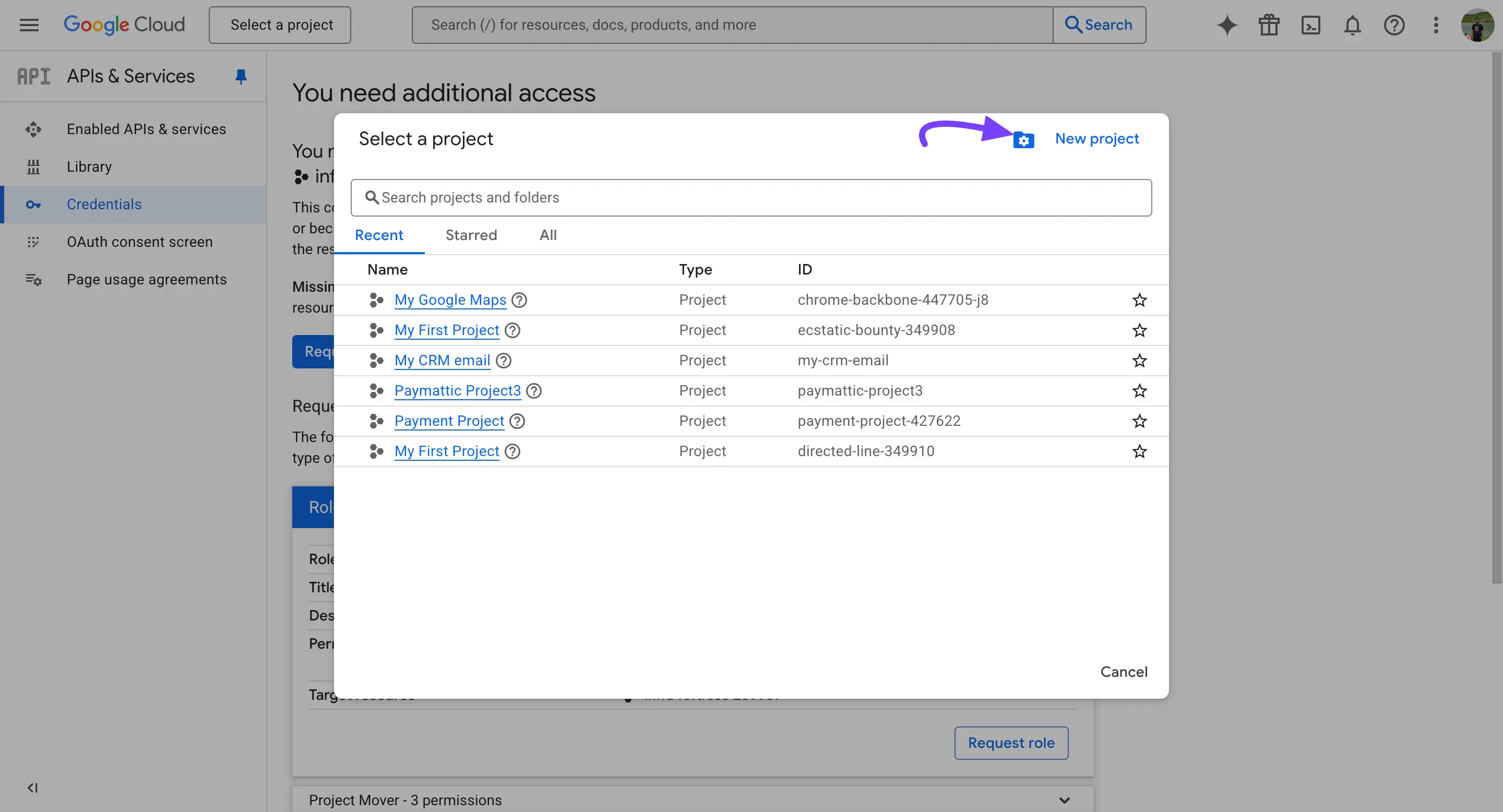 Creating a new project in Google Cloud Console
