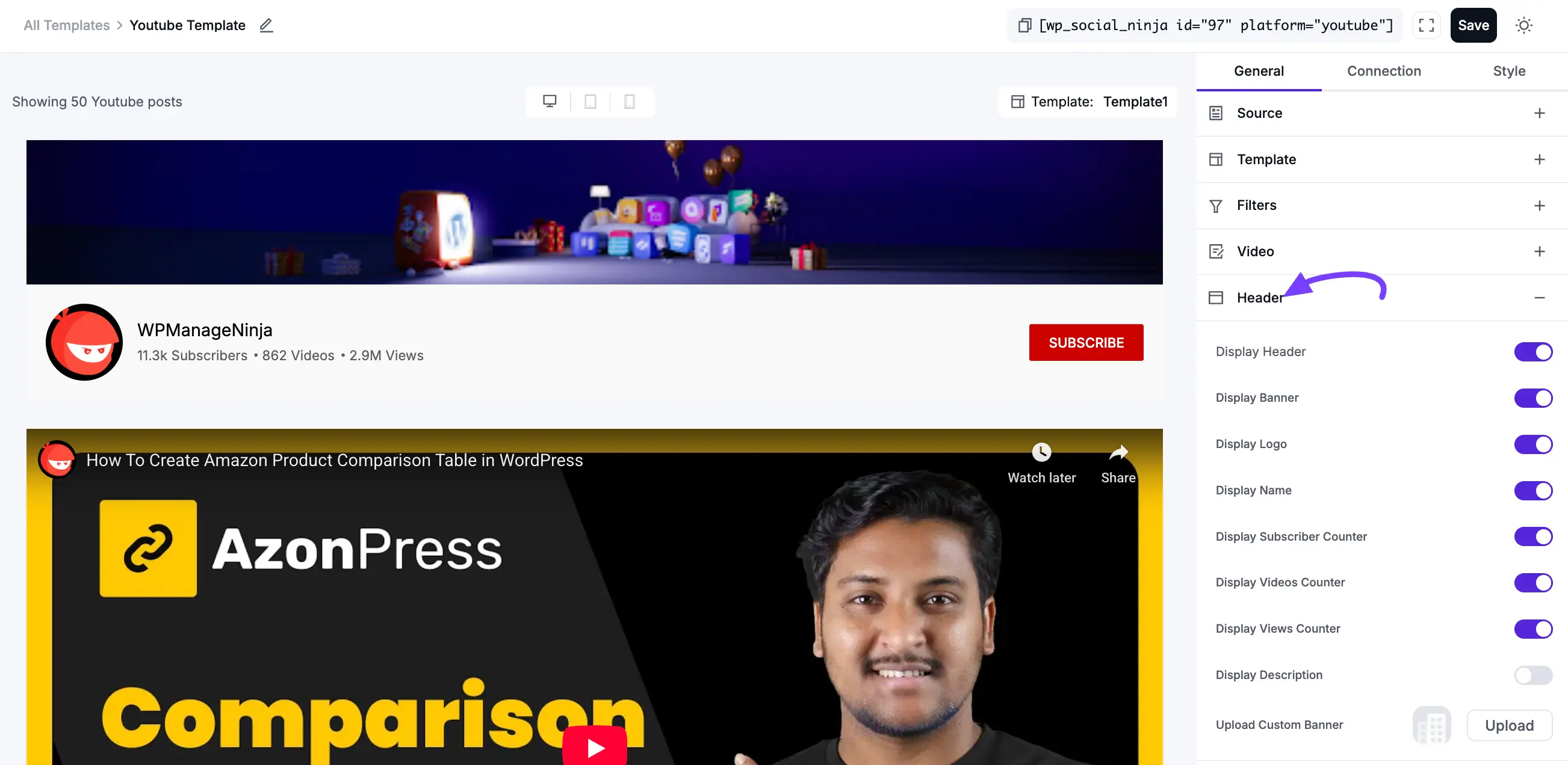 Header settings for the YouTube feed