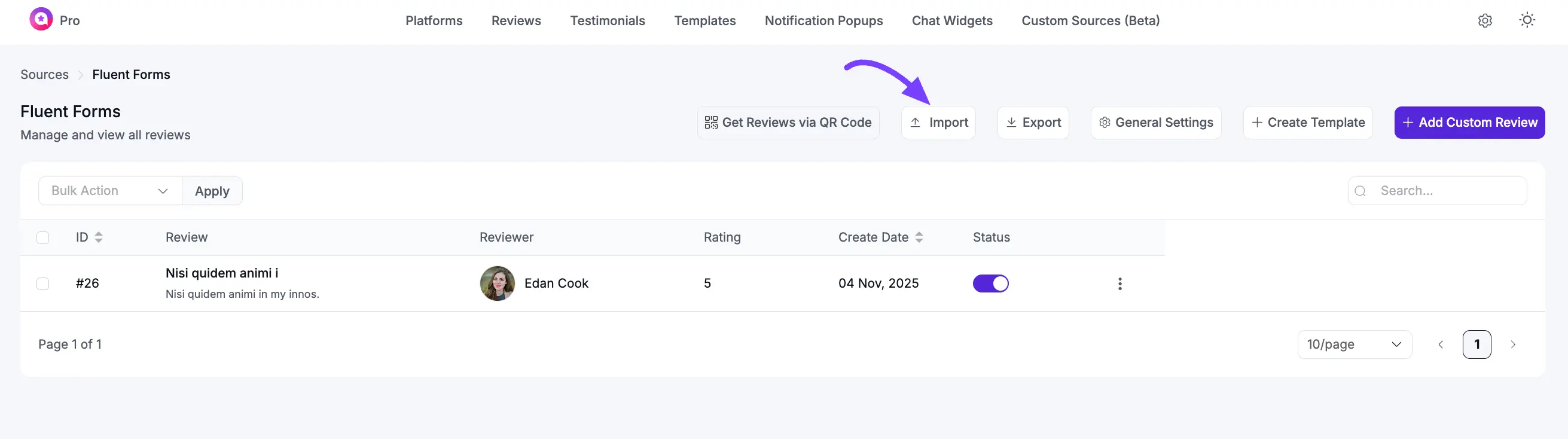Clicking the 'Import' button