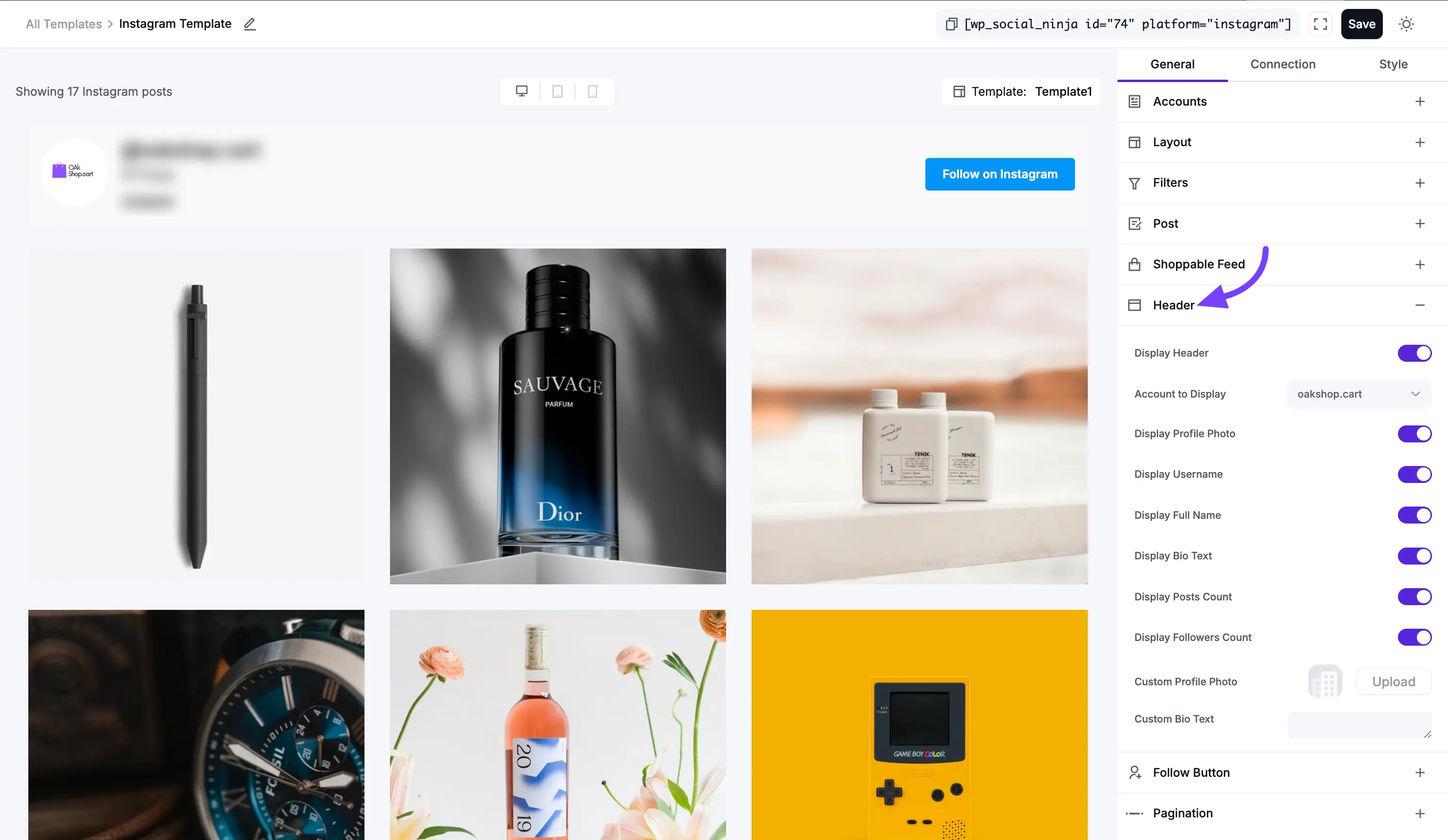 Instagram Feed Template Settings