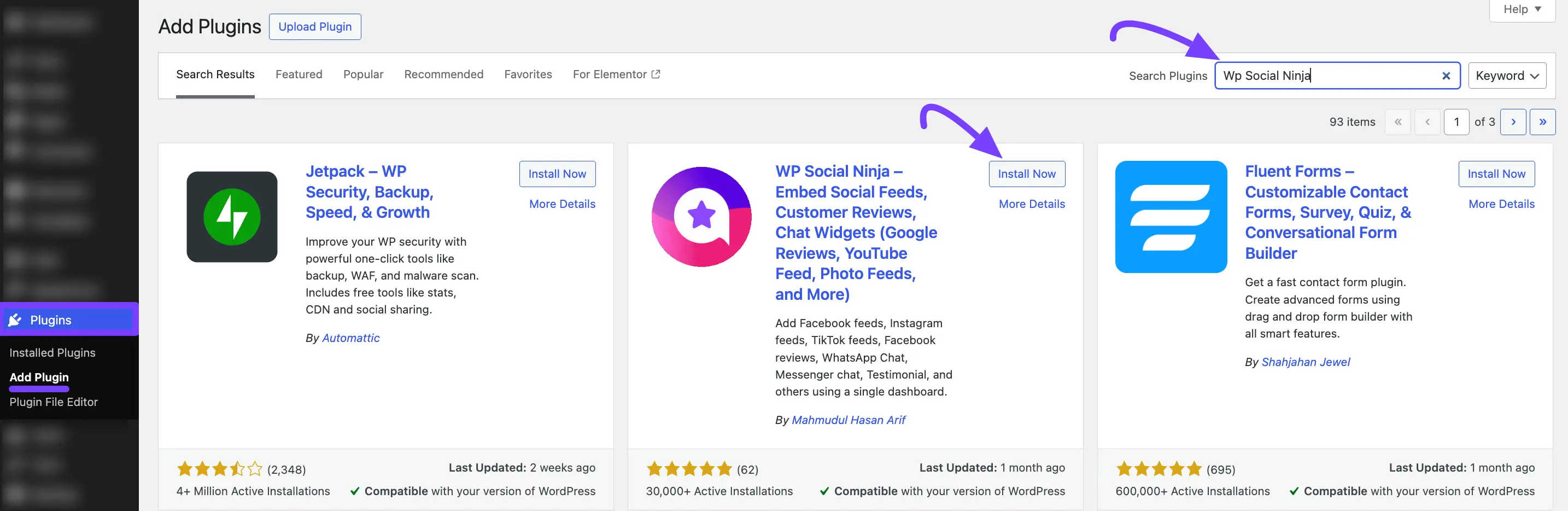 Installing the free WP Social Ninja plugin from the WordPress repository