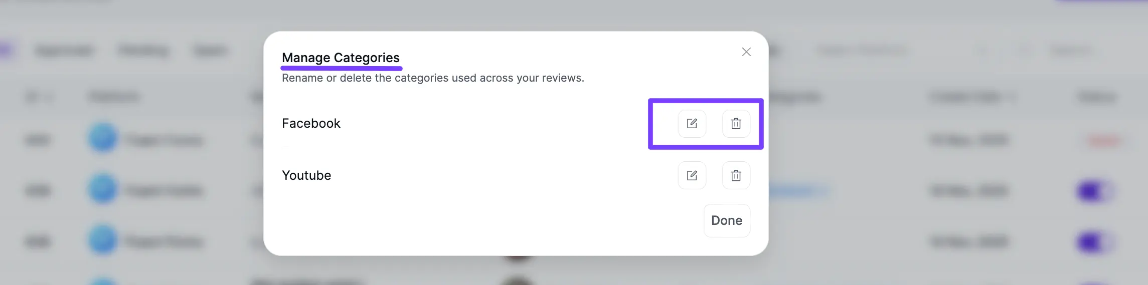 Manage Categories window with edit and delete icons