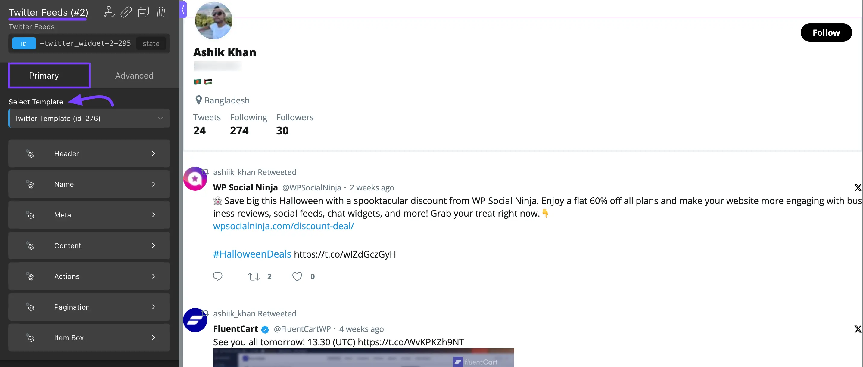 The 'Primary' tab options in the Oxygen widget