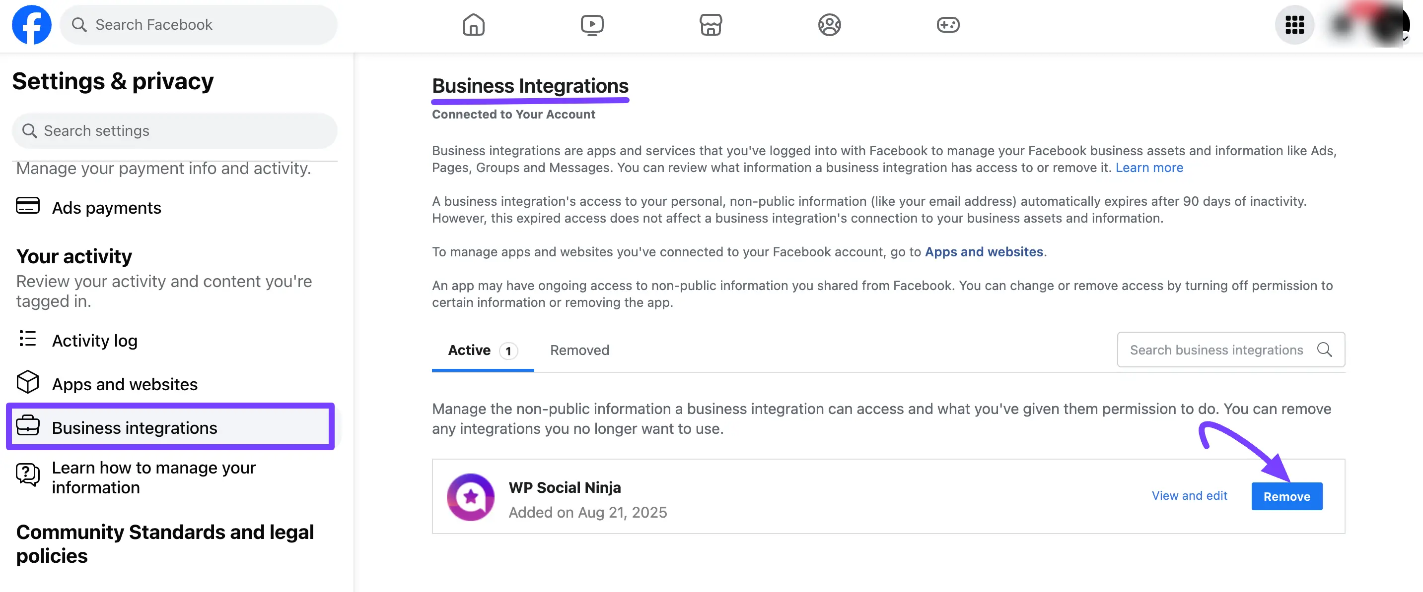 Removing the WP Social Ninja app from Facebook Business Integrations