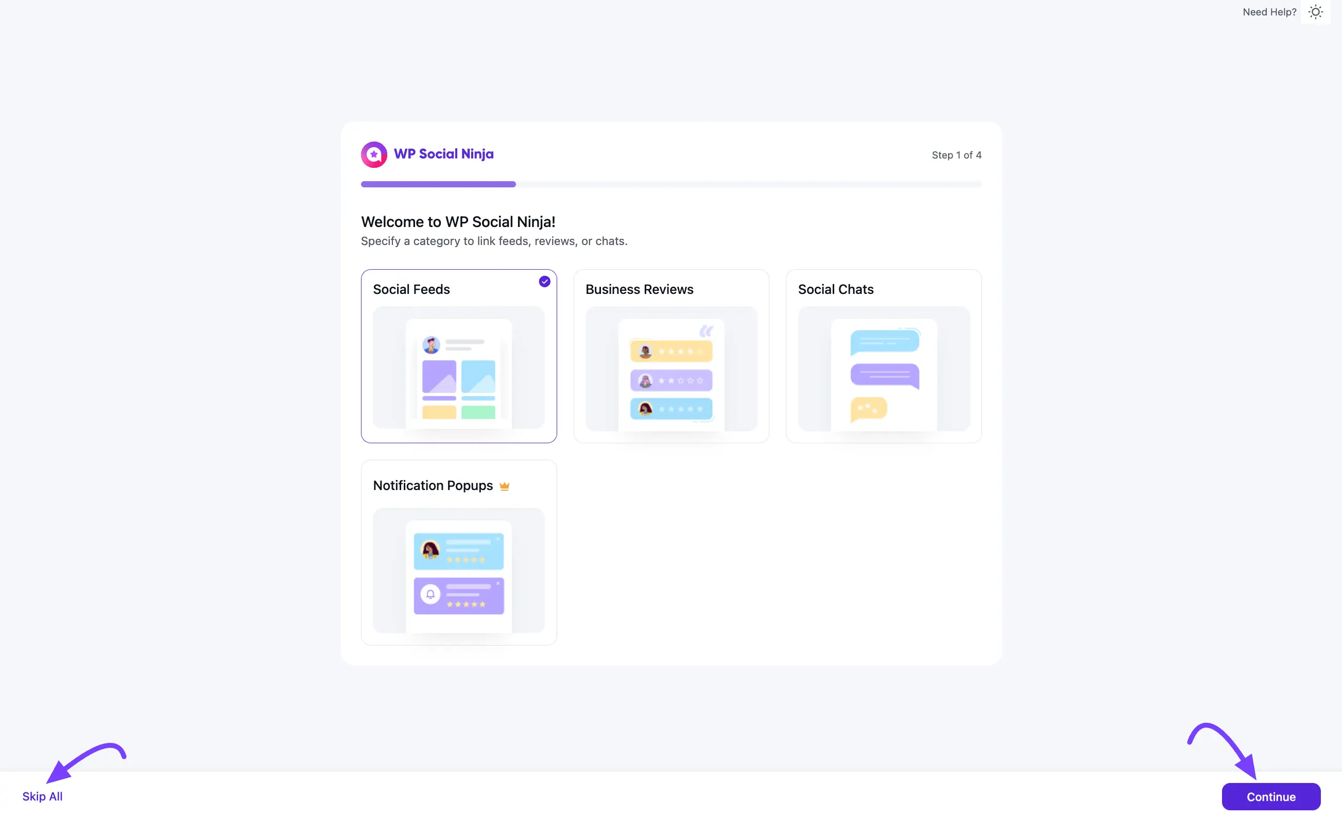 Selecting a category in the WP Social Ninja onboarding wizard
