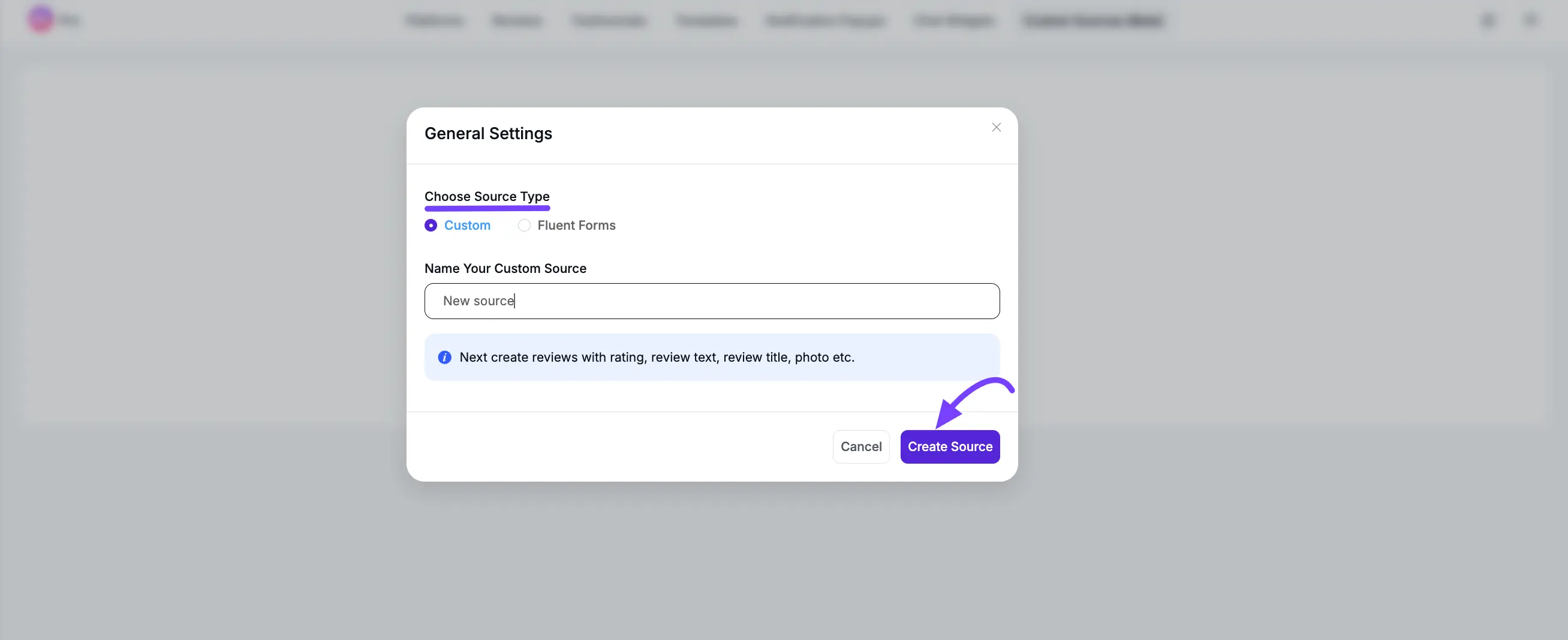 Selecting the 'Custom' source type and naming it