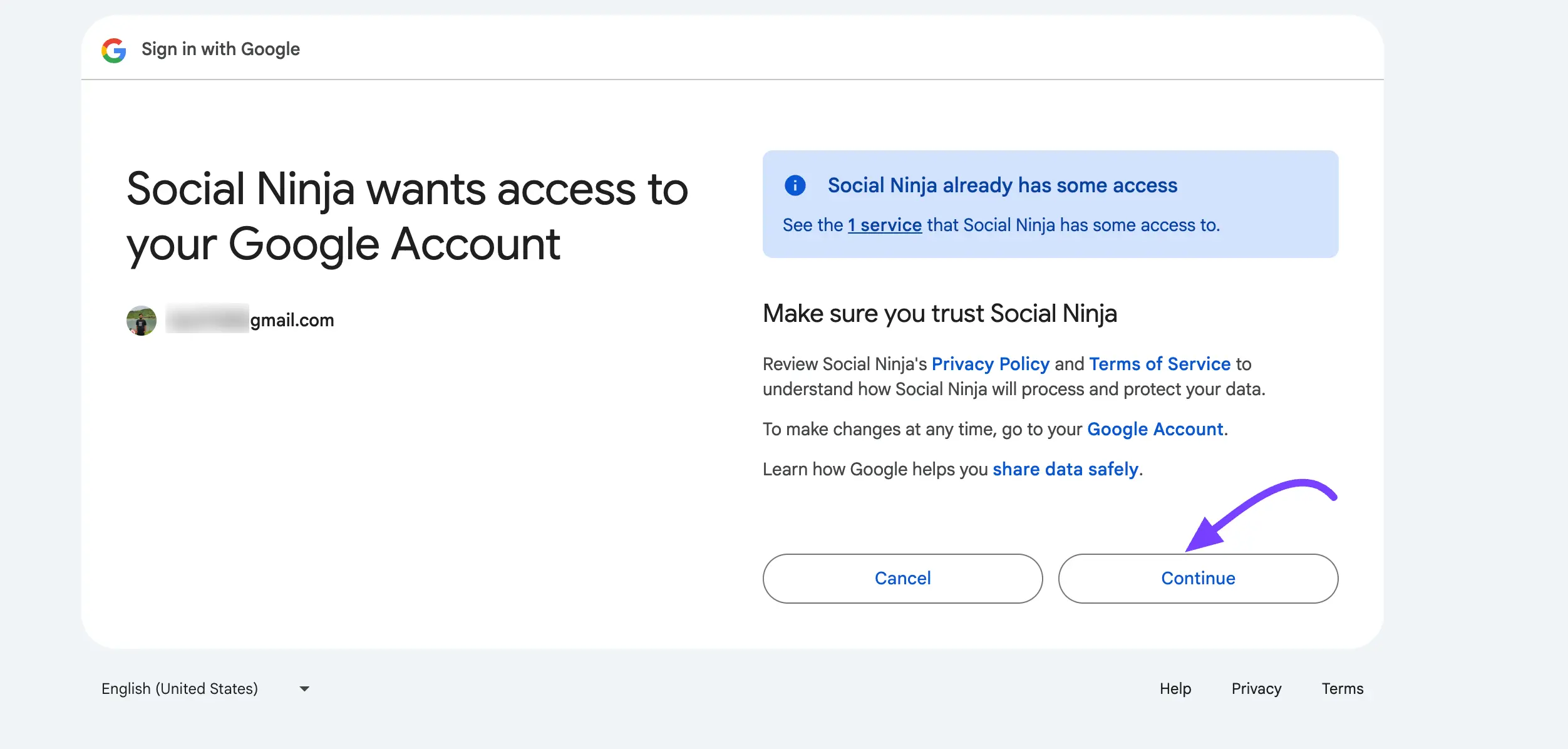 Granting Google permissions to WP Social Ninja