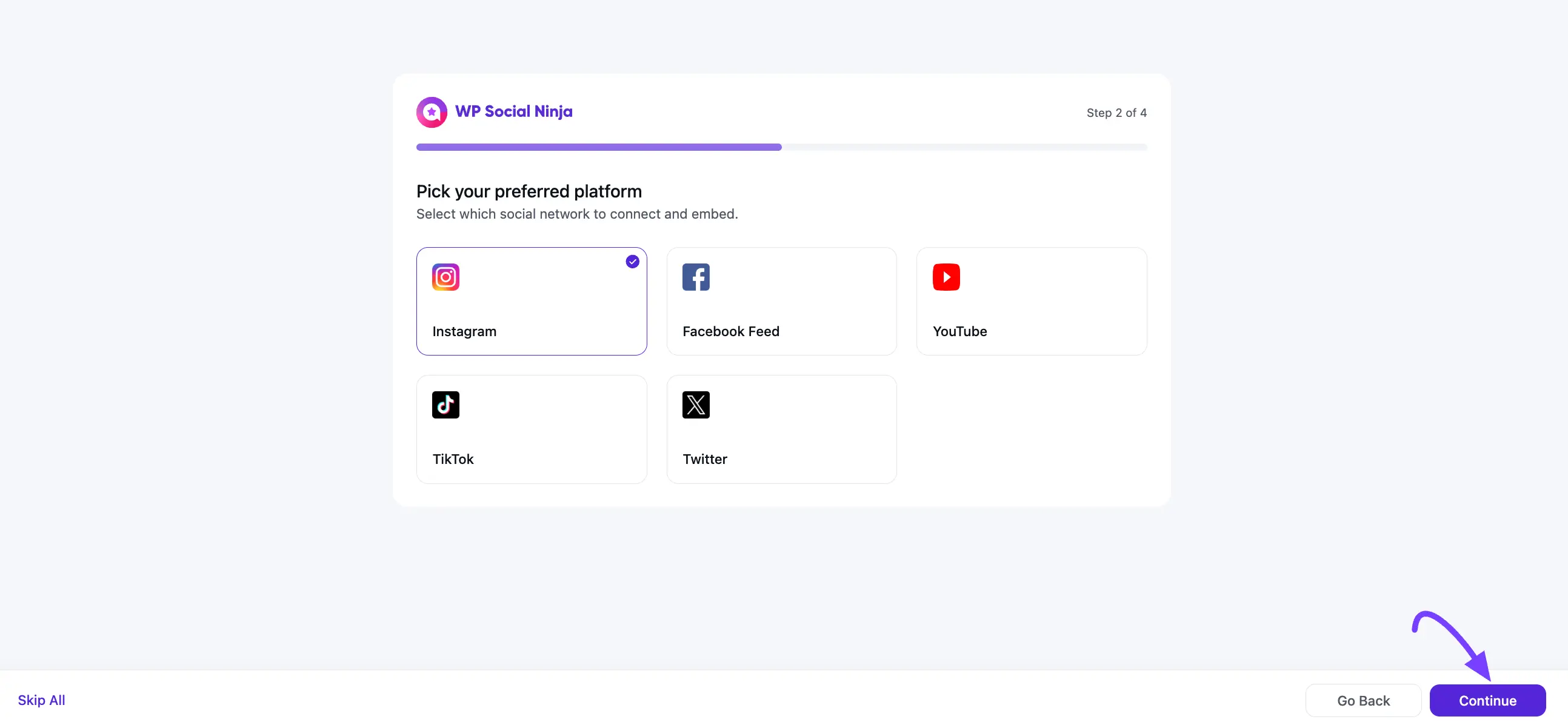 Selecting a platform in the onboarding wizard