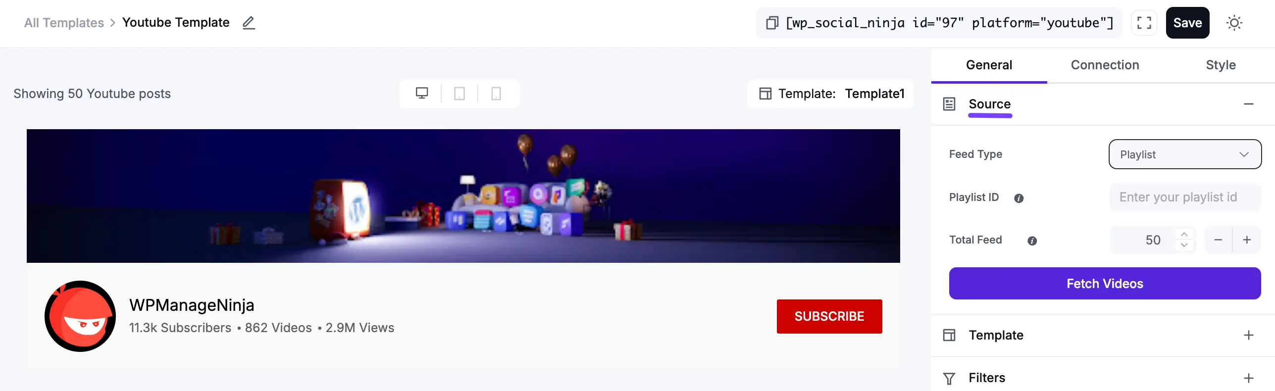 Source settings for the YouTube feed
