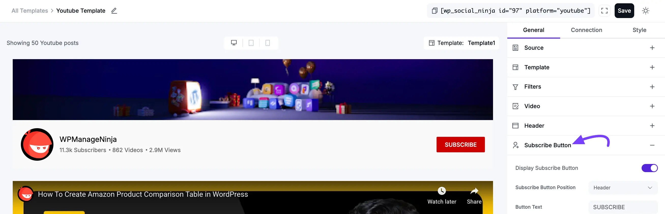 Subscribe Button settings for the YouTube feed