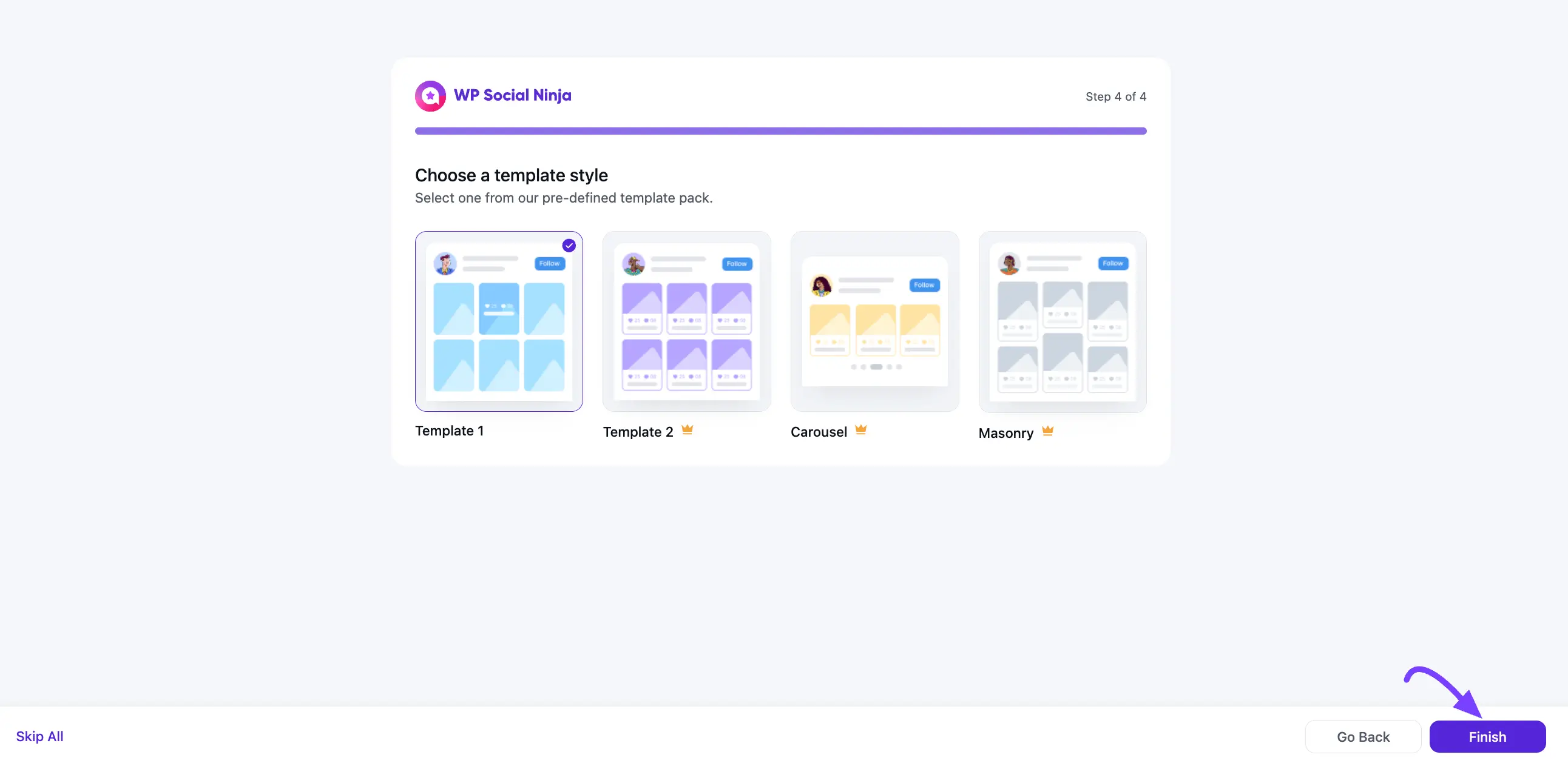 Choosing a layout and template in the onboarding wizard