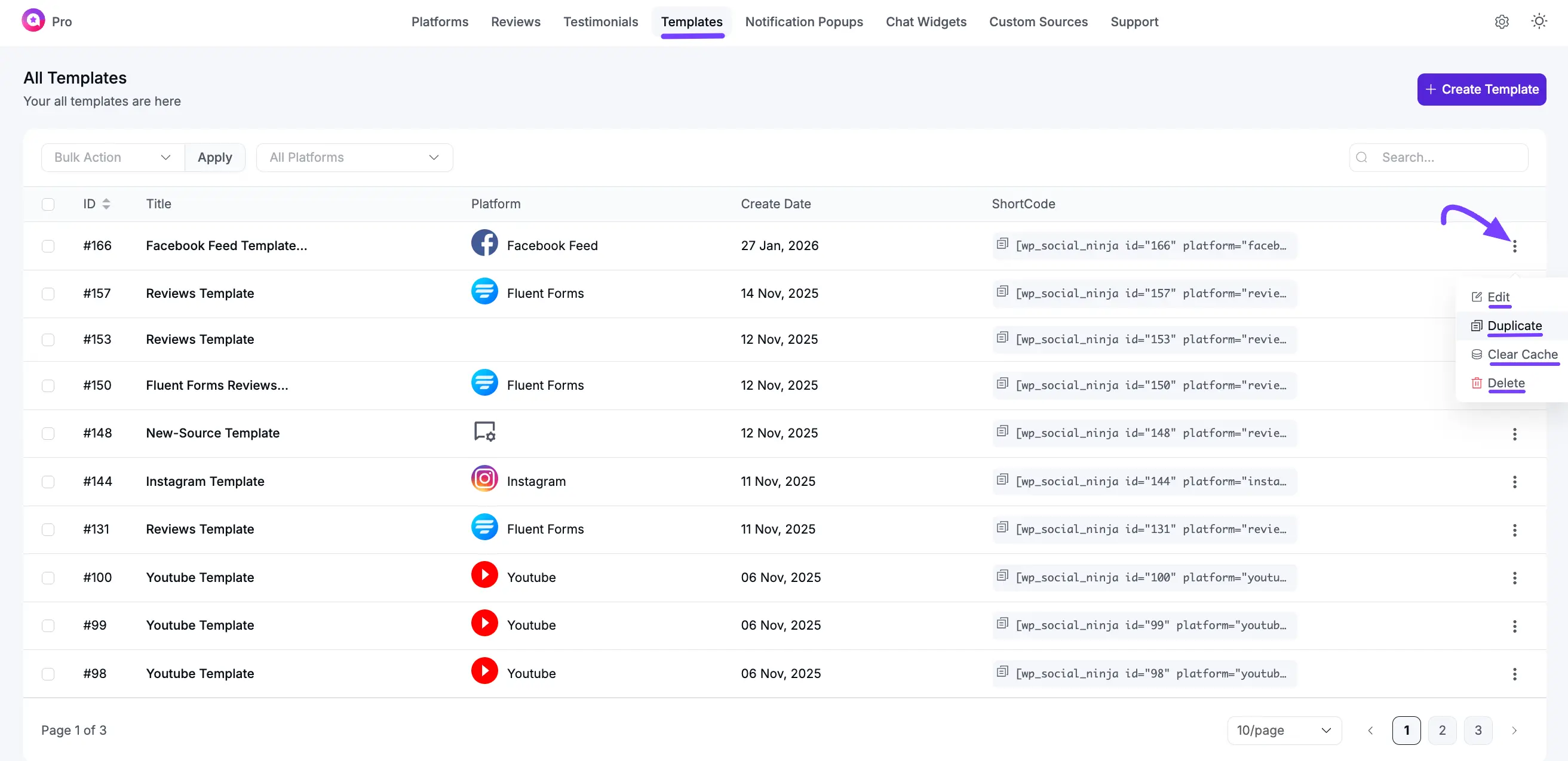 The main Templates overview screen in WP Social Ninja
