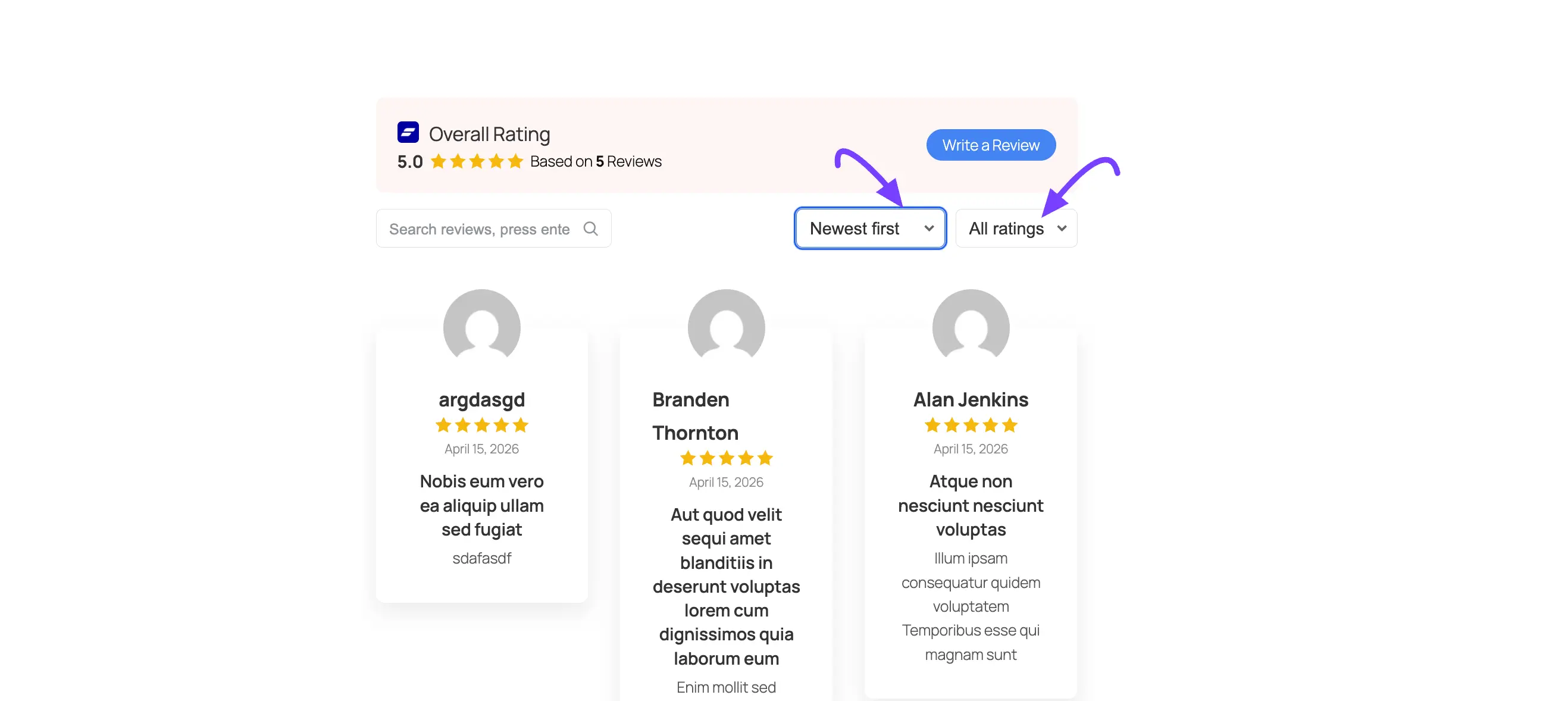 The frontend review feed with the visitor toolbar 
