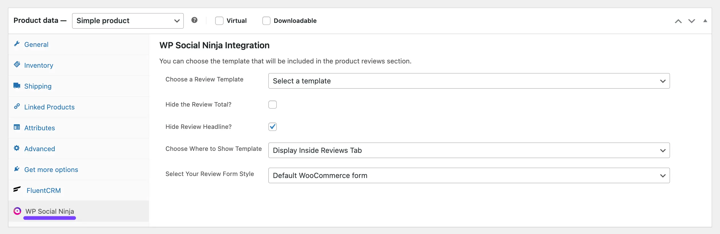 social ninja review settings in woocommerce products